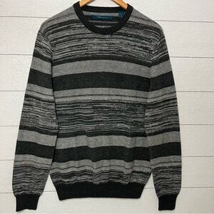 Perry Ellis Gray and Black Crewneck Sweater with Striped Pattern Size Medium